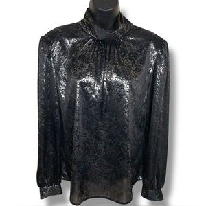 Vintage Size 10 Lauren Lee Black Silver Puff Sleeve Blouse Shimmer Mock Neck